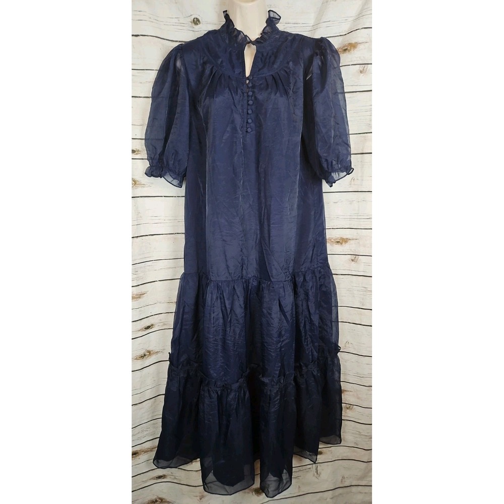 Tuckernuck Pomander Place Selena Navy Chiffon Dress L Maxi Ruffle Puff Sleeve